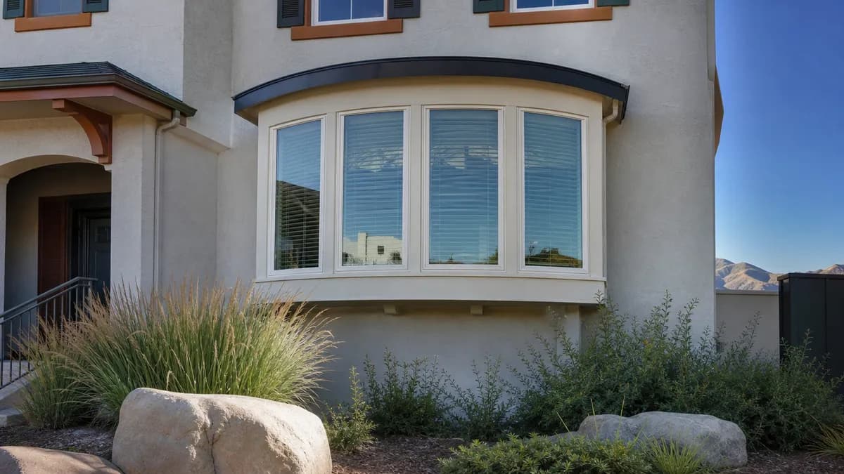 Five-panel white bow window on a two-story stucco house with grasses and boulders