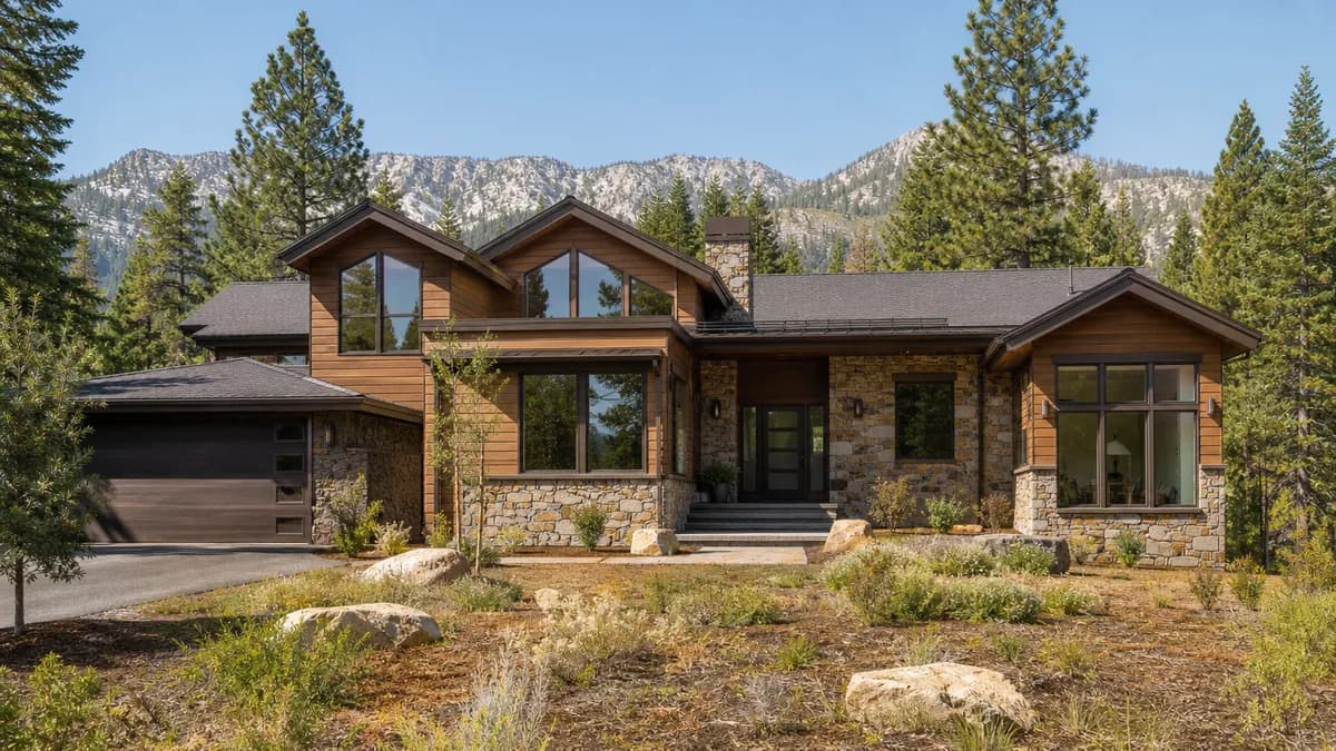 Mountain-style home with dark bronze fiberglass windows, stone and wood siding and pines, with the Carson Range behind