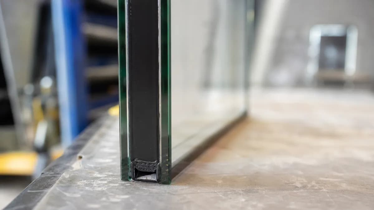 Macro close-up of the edge of an insulated glass unit showing a black warm-edge spacer between two panes