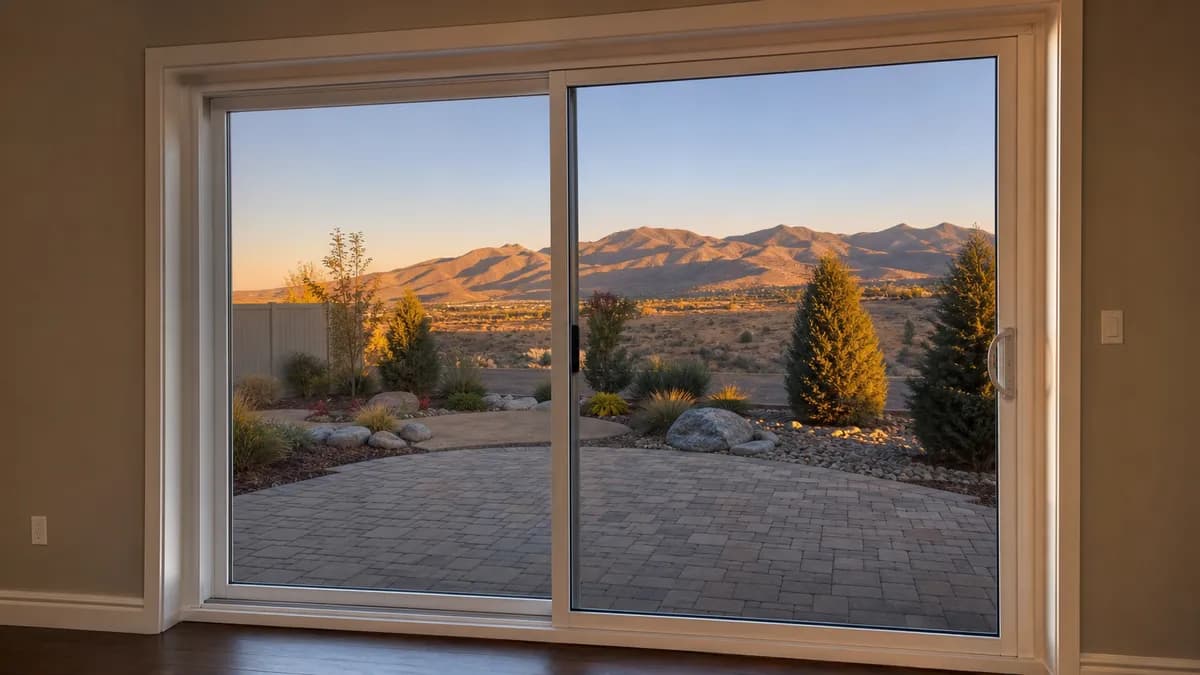 White sliding glass patio door opening onto a paver patio and xeriscape yard with brown foothills beyond