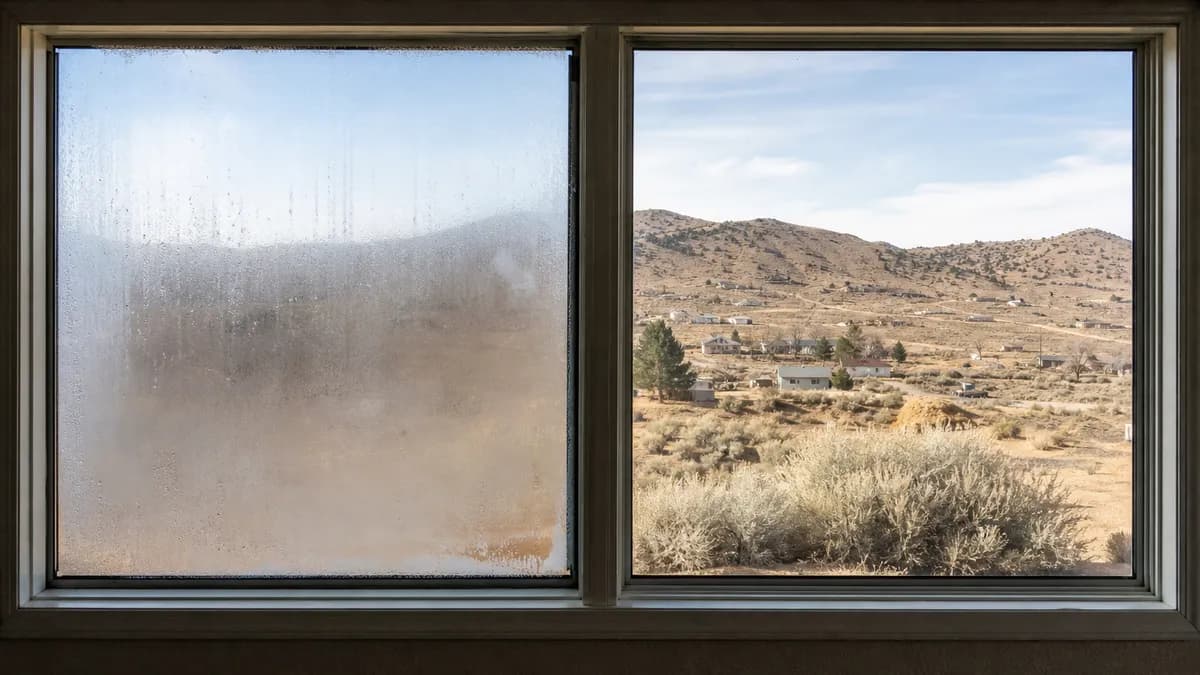A fogged failed-seal window pane beside a clear pane, with dry desert hills visible outside