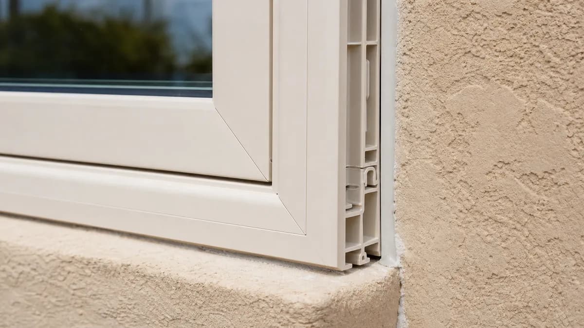 Corner of a new almond vinyl replacement window set into a tan stucco wall